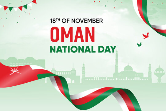 Oman Flag Waving On Skyline Background. National Day Concept Design Vector Illustration.