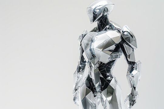 A transparent, crystal-like robot in 3D, standing against a white background. The robot's sharp angles catch and reflect light beautifully.