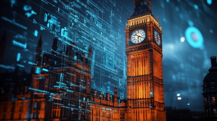 The iconic Big Ben tower in London, England, with a futuristic digital overlay.