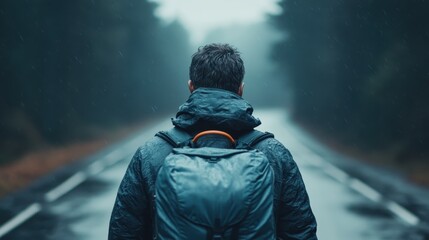 A person, seen from behind, is wearing a backpack and standing on a rainy road in the middle of a forest, highlighting the serene and adventurous nature scene.
