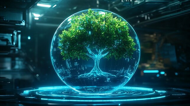 Futuristic Holographic Display of a Green Tree in a Glass Sphere