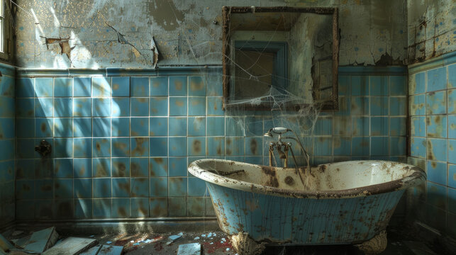 Eerie abandoned mansion bathroom with a rusted clawfoot tub and decaying blue tiles. Concept of decay, abandonment, vintage architecture, spooky atmosphere, Halloween - Powered by Adobe