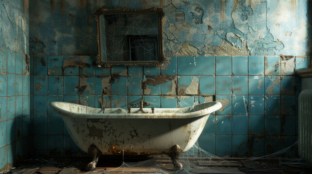 Eerie abandoned mansion bathroom with a rusted clawfoot tub and decaying blue tiles. Concept of decay, abandonment, vintage architecture, spooky atmosphere, Halloween - Powered by Adobe