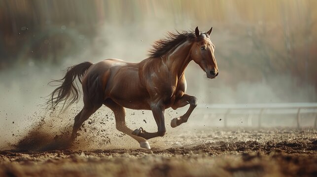 A single horse crossing the finish line, captured at the moment of victory, sweat glistening on its coat.