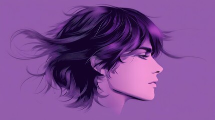 Naklejka premium Stylized illustration of man with flowing purple hair on solid background