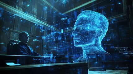 Man in Suit Gazes at a Digital Projection of a Human Head