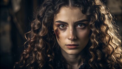 Fototapeta premium Close-up portrait of a young woman with curly hair and a bruise on her cheek. The intense expression and dramatic lighting emphasize emotions and create a mysterious atmosphere.