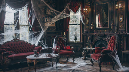 Naklejka premium Spooky Victorian Style Living Room with Cobwebs and Dark Antique Furniture. Concept of Haunted House, Historical Interior, Gothic Decor, Eerie Atmosphere, Halloween