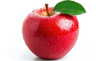 A red apple with a leaf on it sitting in front of white background, AI