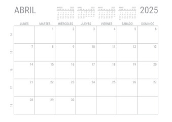 Abril Calendario 2025 Mensual para imprimir con numero de semanas A4	
