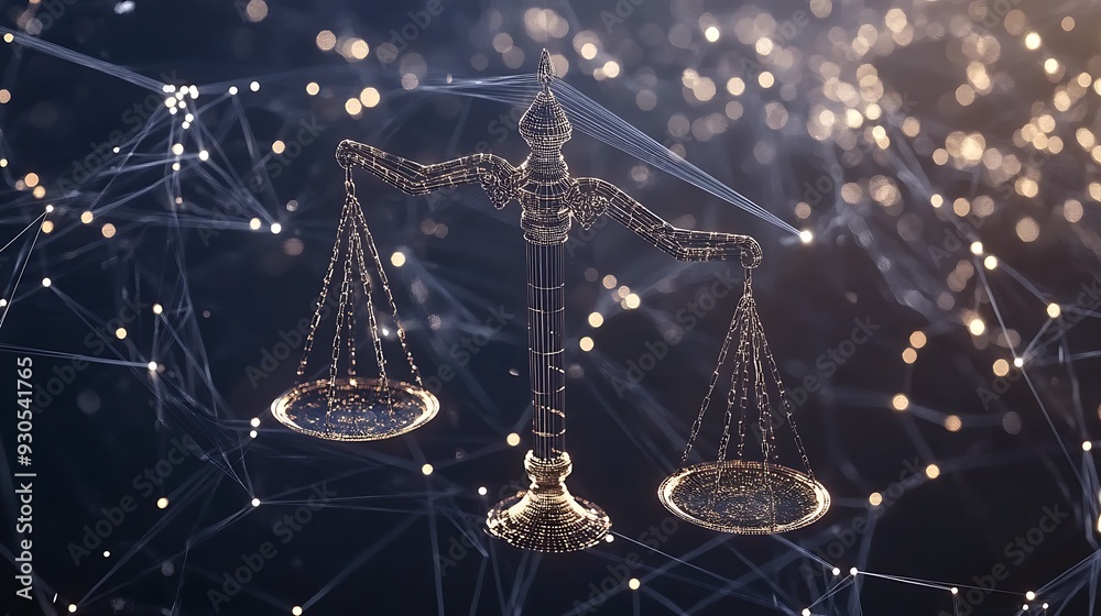 Wall mural digital scales of justice with glowing network background