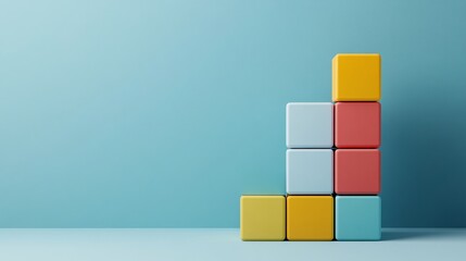 Obraz premium Minimalist Pastel-Colored Cubes Arranged in Geometric Order. Modern 3D Abstract Concept with Soft Pink, Green, Yellow, and Purple Blocks on a Light Blue Background