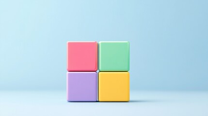 Obraz premium Minimalist Pastel-Colored Cubes Arranged in Geometric Order. Modern 3D Abstract Concept with Soft Pink, Green, Yellow, and Purple Blocks on a Light Blue Background