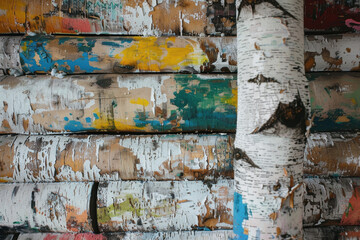 Naklejka premium Troncos del árbol de abedul pintado con pintura de colores. Recurso gráfico y fondo. 