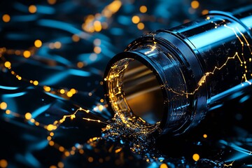 An abstract digital background banner featuring a gold barrel spilling black crude oil, with data connections in blue and black colors. This design symbolizes the intersection of energy, technology, a