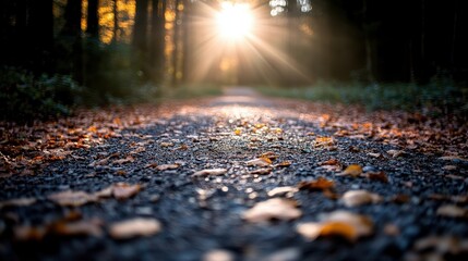 A peaceful path in the forest is illuminated by the setting sun, with scattered leaves on the ground, creating a serene and inviting autumn setting perfect for relaxation.