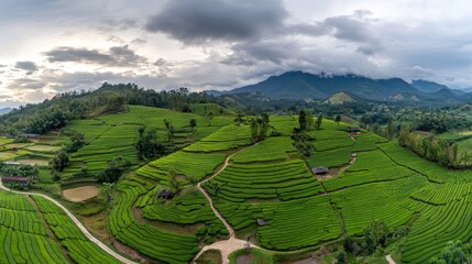 Golden sunlight casts a warm glow over lush green tea plantations nestled in the mountains, creating a breathtaking sunset landscape