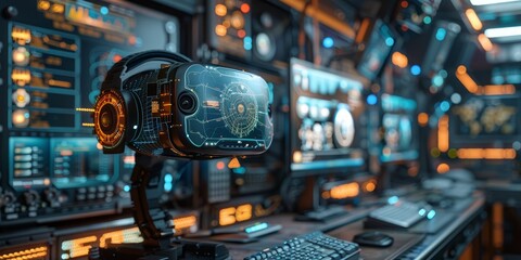 Fototapeta premium Virtual reality station with headsets and educational software