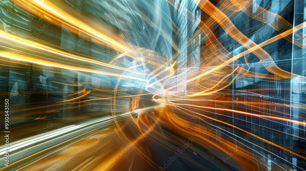 Poster Light streaks creating abstract patterns in a modern city