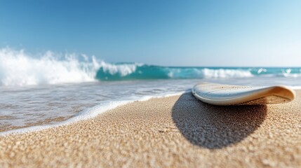 A close-up shot of a surfboard lying on the sandy beach with ocean waves in the background, reflecting a peaceful beach atmosphere and readiness for surfing.