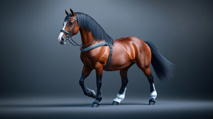 A majestic brown horse gracefully strides across a soft gray background, showcasing its strength...