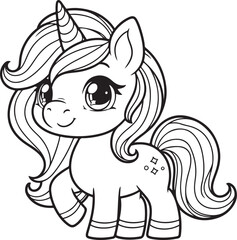 Cute Cartoon Unicorns isolated on white background. Vector illustration for coloring books