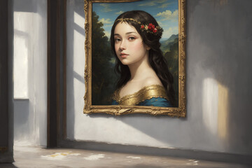 Obraz premium Painting on a wall of a sad, pale woman wearing a floral headdresss