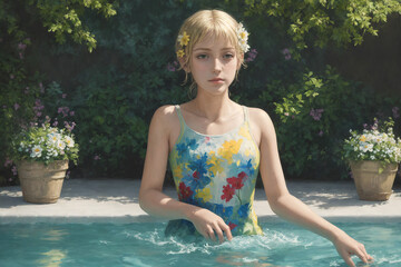 woman in the pool wearing a one-piece swim suit and her hair up, resting on the edge of the pool