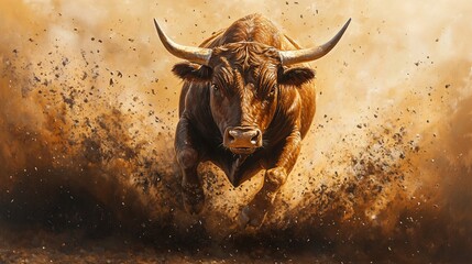 Powerful Bull Charging Through Dust in a Dynamic Action Scene. Majestic and Strong Animal Symbolizing Strength, Determination, and Energy, Perfect for Themes of Wildlife, Agriculture