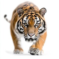 Obraz premium A majestic tiger walking gracefully, showcasing its powerful physique and striking orange and black fur against a white backdrop.