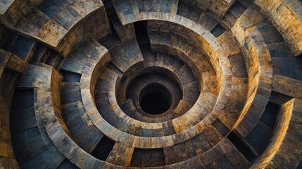 Fototapeta premium A complex labyrinth of interconnected pathways and walls, symbolizing intricate problem-solving processes. High overhead view, with winding patterns guiding the viewer's gaze.