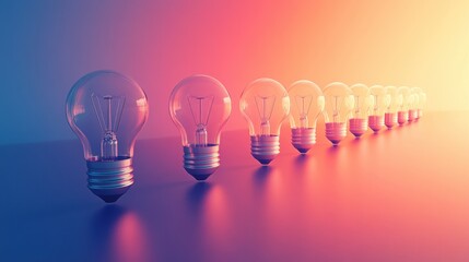 Sequence of lightbulbs transitioning from dim to bright, symbolizing problem-solving and idea generation, leading to a solution. Set against a gradient background.