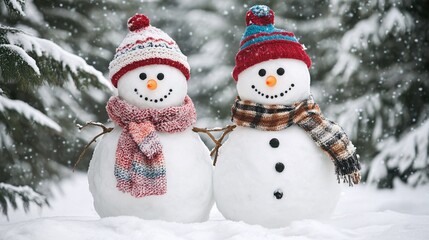 Fototapeta premium Cheerful Snowmen Couple in a Snowy Forest. Winter Wonderland Scene with Frosty Figures Dressed in Colorful Scarves and Hats, Surrounded by Snow-Covered Trees