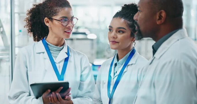 Discussion, tablet and group of scientists in laboratory with immunotherapy trial for medical innovation. Digital technology, healthcare and biology research team with pharmaceutical discovery.