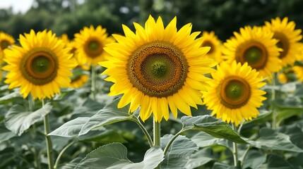 Fototapeta premium A vibrant field of sunflowers in full bloom under a clear sky.