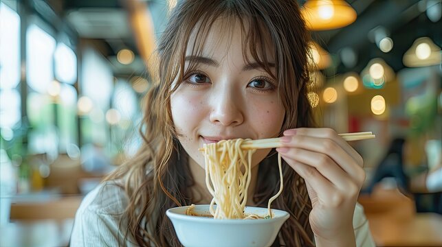 A woman is eating noodles with chopsticks