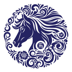 Fototapeta premium Chinese New Year 2025, horse zodiac sign with decorative floral frame. Translation : Horse