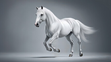 Fototapeta premium A majestic white horse galloping gracefully, showcasing its beauty and strength in a serene, minimalist background.