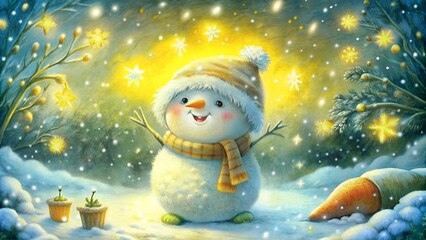 Fototapeta premium Toy snowman with stick arms against a golden night snowfall backdrop