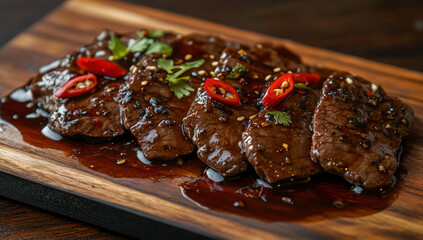 Delicious beef with chili sauce on wooden table