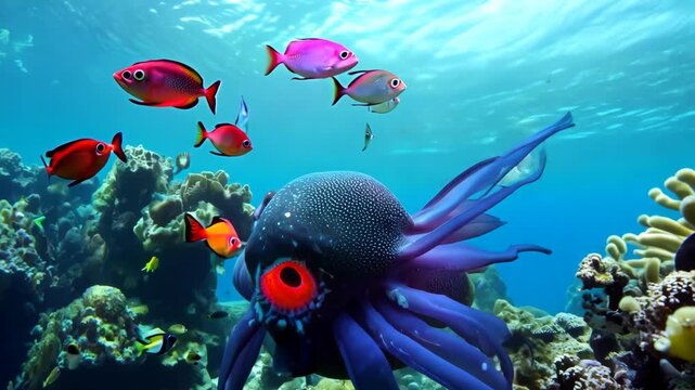 Colorful reef fish swimming alongside a vibrant octopus in a coral reef