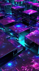 Abstract futuristic scene featuring glowing neon cubes in a digital grid. Bright purple and blue lights create a cyberpunk atmosphere.