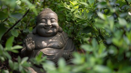 Fototapeta premium Smiling Buddha statue surrounded by lush green foliage