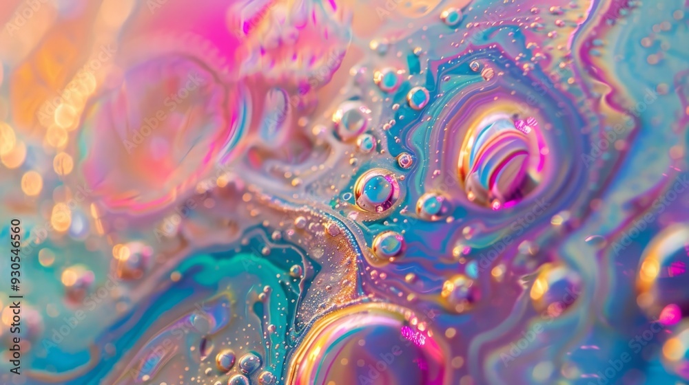 Poster soap bubble textures blending with vibrant iridescent paints