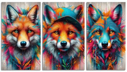 Naklejka premium HD triptych art of graffiti-style animal portraits, vibrant colors, urban background, digital painting, white background