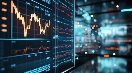 A digital financial chart showing stock market fluctuations, displayed on a large monitor in an investment office