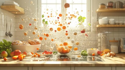 Surreal kitchen with floating ingredients mixing themselves