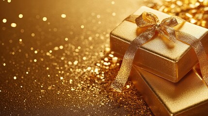 Elegant golden gift boxes adorned with glittering ribbon on a sparkling surface, perfect for festive celebrations and luxury gifting.

