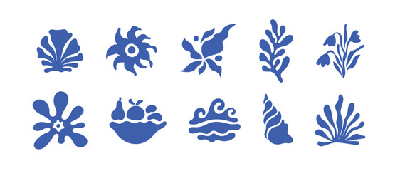 Vector set of illustrations in simple naive hand drawn and linocut style - natural prints, posters or logo design templates - flower prints, banners,  cover designg, summer and travel theme. © venimo