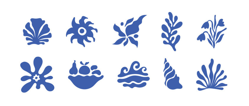 Vector set of illustrations in simple naive hand drawn and linocut style - natural prints, posters or logo design templates - flower prints, banners,  cover designg, summer and travel theme.